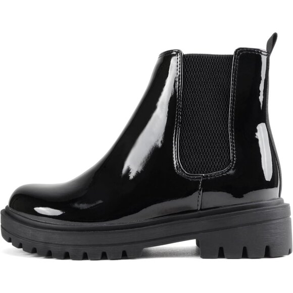 Women Black Patent Lug Sole Low Chunky Heel Chelsea Double Elastic Ankle Booties - Picture 1 of 5